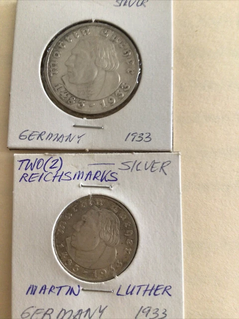 GERMAN 3 & 5 REICHSMARK 1933 D Martin LUTHER Silver 3rd REICH WW2, 2 Coin Lot