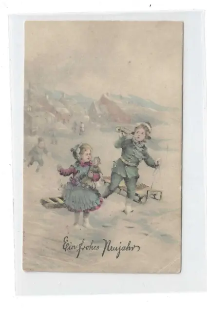 alte AK von ca. 1923, Neujahr, Kinder mit Schlitten, Puppe, Winterlandschaft