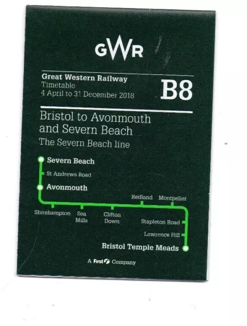 Great Western Railway (Gwr) - Pocket Timetable - Bristol To Severn Beach  - 2018