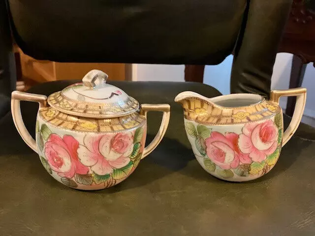 Imperial Nippon Creamer Sugar Bowl w/Lid Gold Gilt Roses Antique Hand Painted