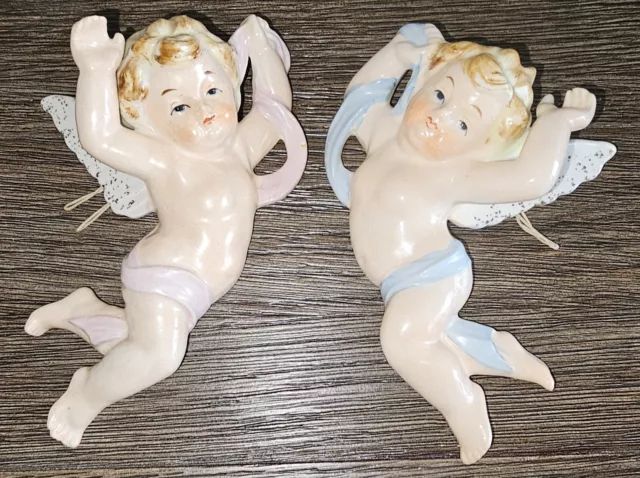 Pair Vintage Japan Angel Pink & Blue Wall Pockets