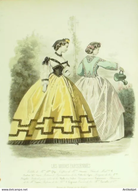 Gravure Modes parisiennes 1864 n°1103 Robe velours brodée et robe toile rayée