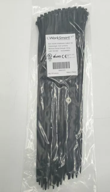 NEW Worksmart 14.6" Standard Cable Tie 50Lbs BLK 100 Pieces 90 Pack-Case