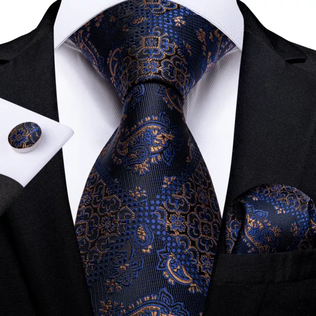 Navy Blue Gold Silk Woven Paisley Wedding Mens Tie Necktie Hanky Cufflinks Set