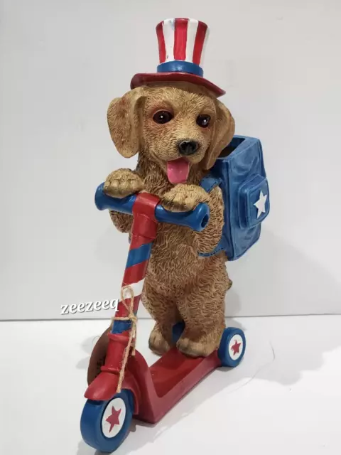 Starts & Stripes Patriotic 4th of July Dog Riding Scooter Statue Figurine 11.75"