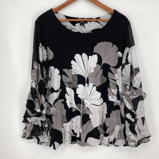 Alfani Women's Plus Sz 1X Blouse Knit Bell Sleeves Black White Gray Large Floral