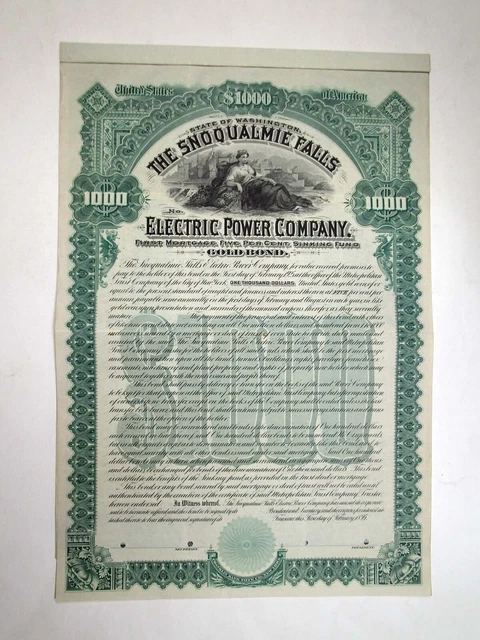 WA. Snoqualmie Falls Electric Power Co., 1895. $1000 Specimen Bond, VF