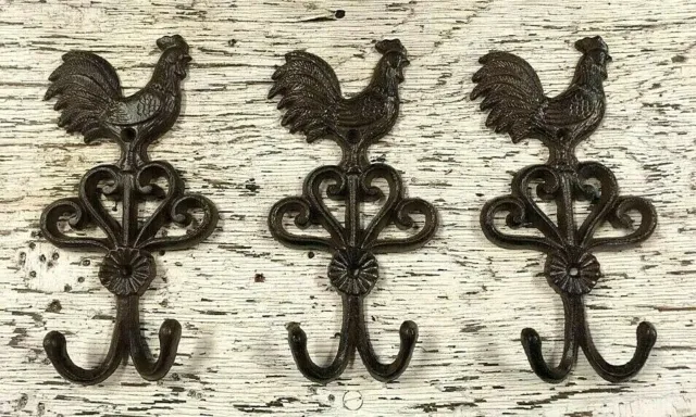 SET OF 3 ROOSTER DOUBLE HOOKS rustic brown bronze vintage country heavy duty 6