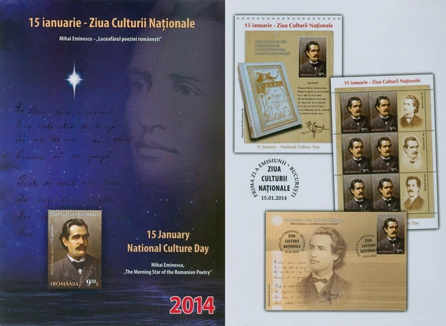 Rumänien 2014 Tag der Kultur,Mihai Eminescu Mi.6772,Zf.,KB I+KB II,Block 576,FDC