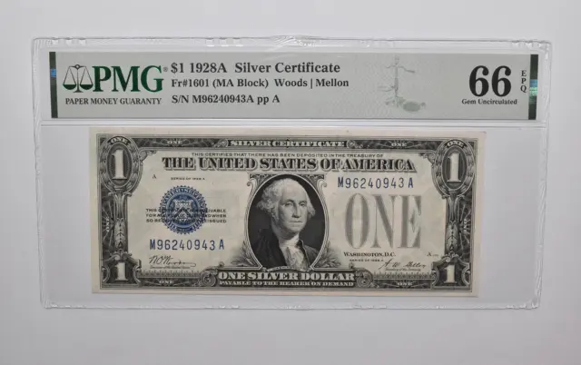 PMG 66 EPQ $1 1928-A US Silver Certificate FR#1601 (MA Block) *4757