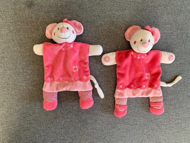 Lot De 2 Doudou Semi Plat Souris Rose Fuchsia Broderies Fleurs Ronds  Nicotoy
