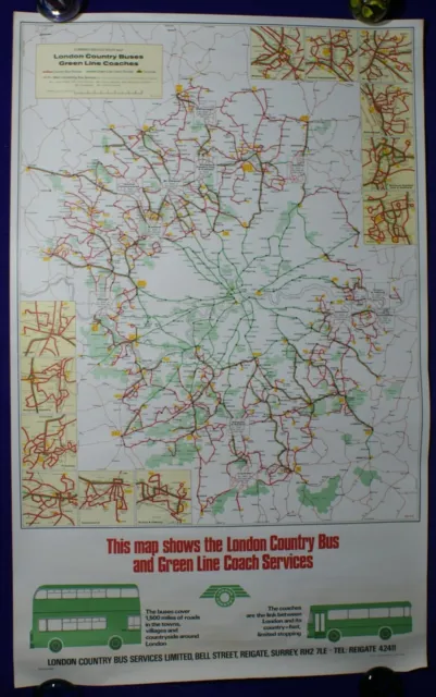 London Country Bus Green Line Coach Route Map Poster May 1972 Reitz