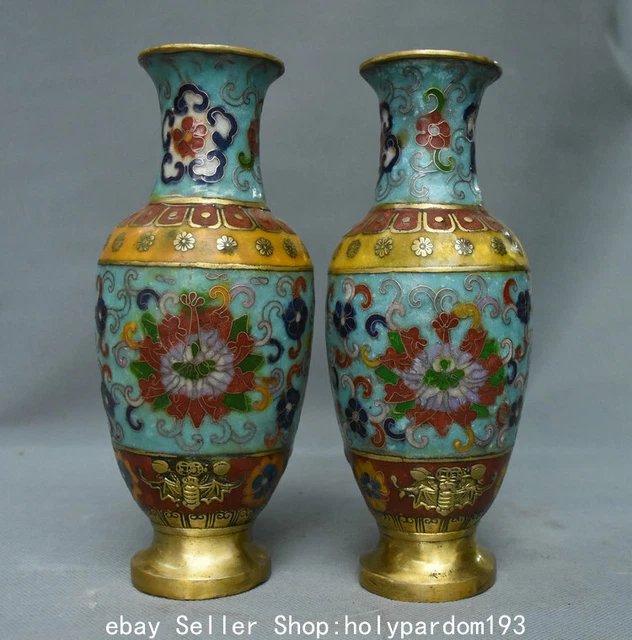 8.8" Marked Old Chinese Bronze Cloisonne Dynasty Palace Flower Bottle Vase Pair