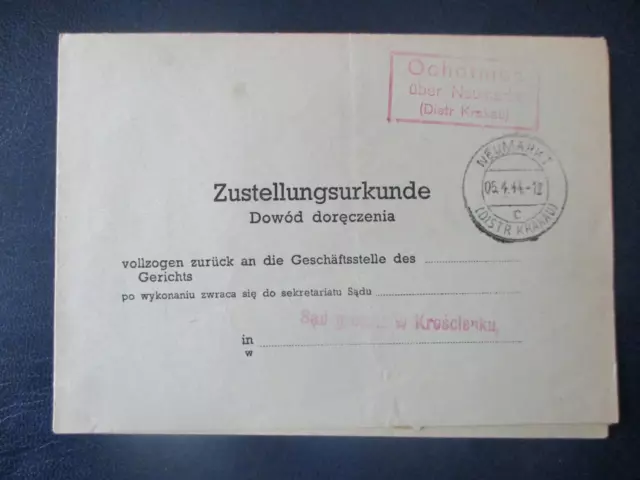 (X1541) GG Zustellungsurkunde Ochotnica über Neumarkt, Distr. Krakau 1944