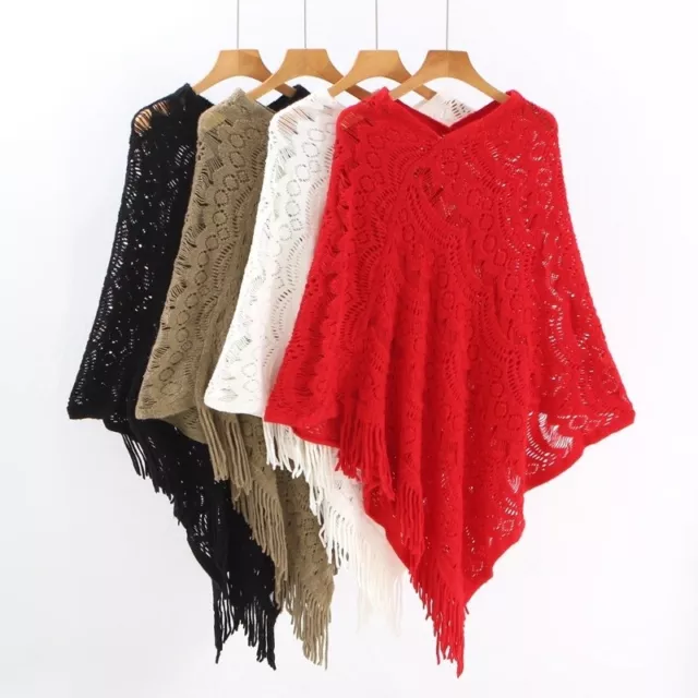 Women Poncho Wrap Cape Shawl Knitted Batwing Sweater Top Pullover Hollow Tassel