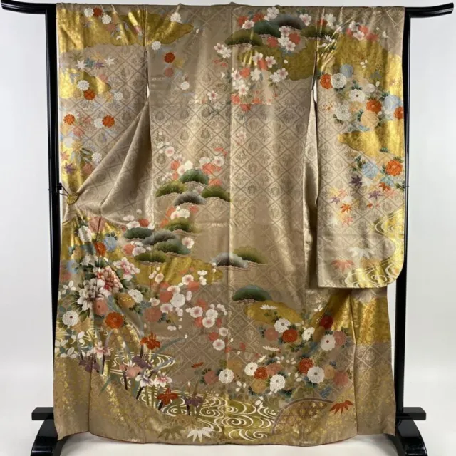 Woman Japanese Kimono Furisode Silk Peony Pine Plum Gold Silver Foil LightBrown