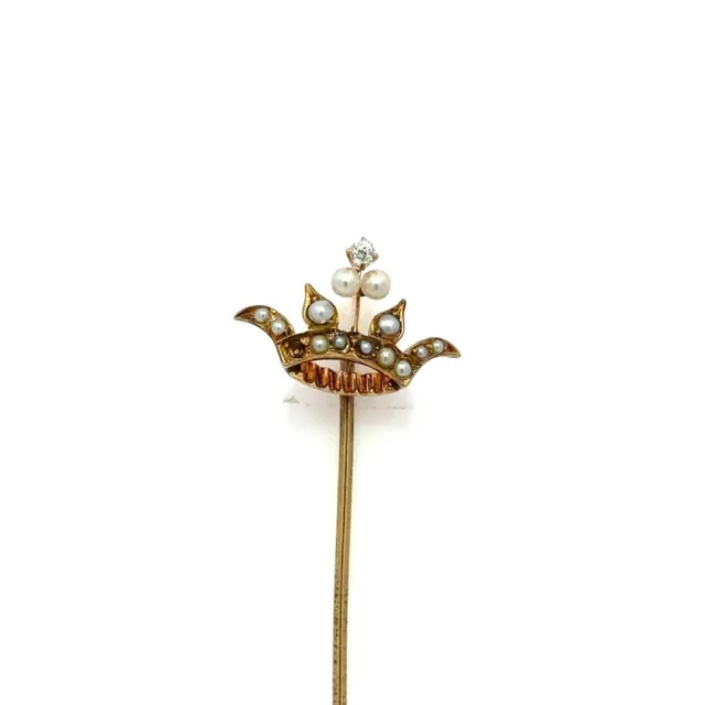 Antique Victorien 14k Or Ancien Mine Coupe Diamant W/Graine Perles Crown Bâton