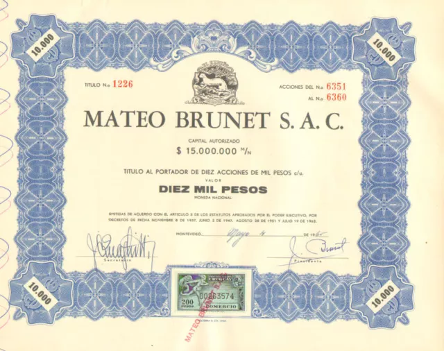 Mateo Brunet 1965 Uruguay 10,000 pesos old bond certificate