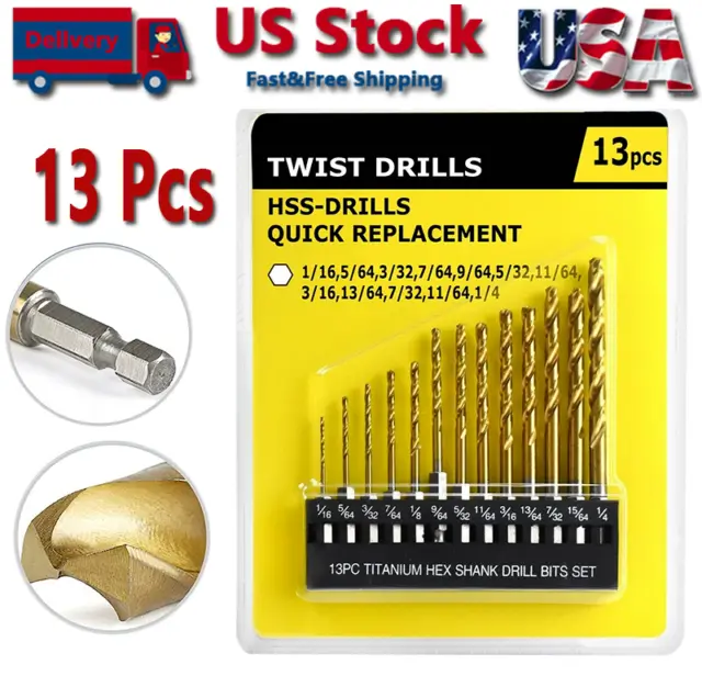 13PCs 1/16"-1/4" Twist Drill Bit Set Titanium High Speed Steel Wood Metal Drill