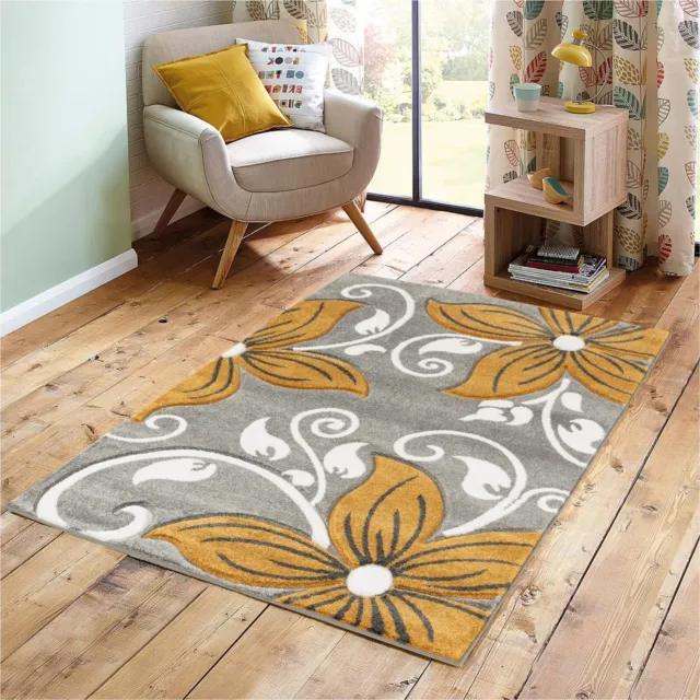 New Ochre Yellow Mustard Grey Living Room Rug Floral Geometric Area Rugs Carpet