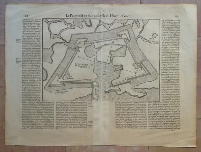 LE HAVRE NORMANDY FRANCE 1575  BELLEFOREST/MUNSTER LARGE ANTIQUE MAP 16e CENTURY