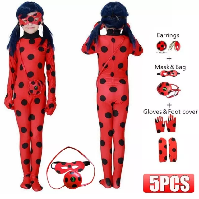 Girls Red Ladybug Costume Red Polka Dot Jumpsuit Fancy Dress Party Cosplay Suit