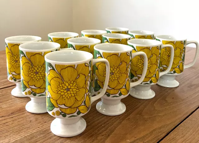 Vintage Goodwood Japan Floral 1970s Retro Set 12 Pedestal Mugs Flower Power MCM