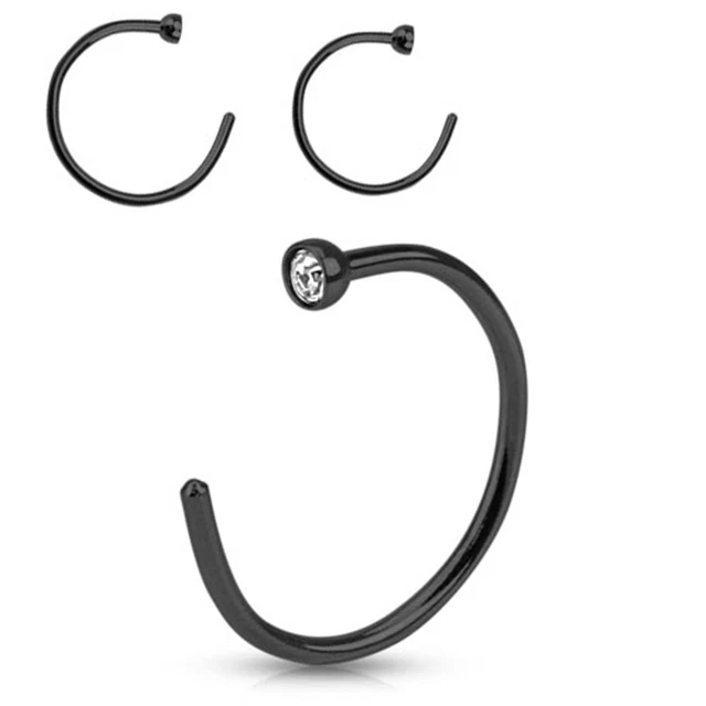 Pair of Black IP on 316L Surgical Steel Clear CZ Gem Top Nose Hoop Rings