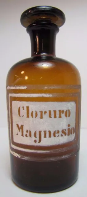 CLORURO MAGNESIO Antique Apothecary Bottle Old Brown Glass Drug Store Medicine