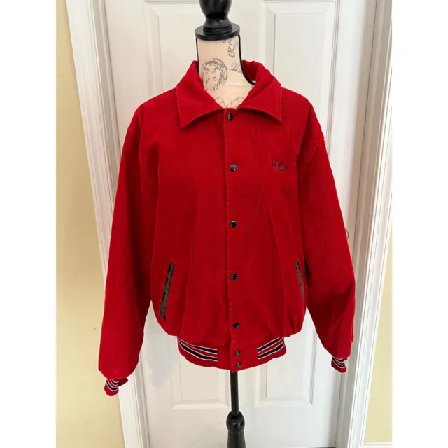 Vintage 80s Rennoc Red Corduroy Snap Varsity Jacket Coat Made USA Large