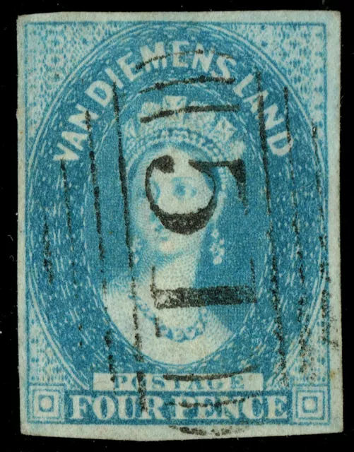[st1422] AUSTRALIA Tasmania 1857 4d Chalon Deep Blue 4 margins SG 35 cv:£85