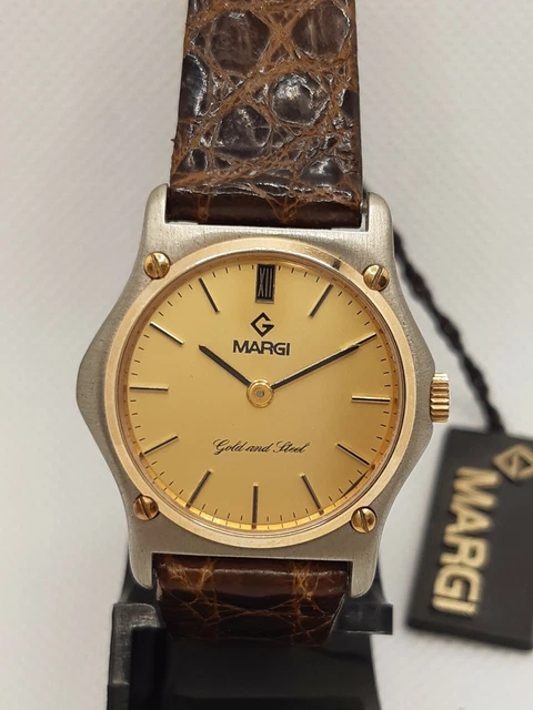 Orologio al quarzo Margi Watch donna vintage acciaio e oro, cinturino pelle, nos