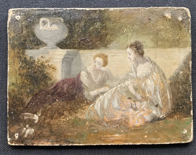 TABLEAU ANCIEN PEINTURE Huile Portraits Deux Femmes Parc Paysage