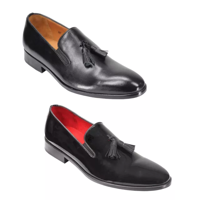 Men’s Real Leather Tassel Loafers Leather Sole Glossy Black Patent Wedding Shoes