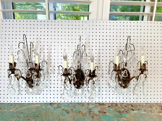 Set Of 3 Vintage French Louis Xv Bronze Crystal 2 Arm Wall Light Electric Sconce