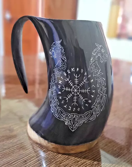 Norse Warrior's Viking Drinking Horn Tankard with Helm Of Awe & Fenrir engraved