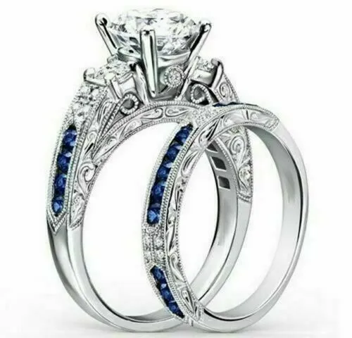 3.27Ct Round Cut Moissanite Engagement Wedding Ring Set in Solid 14k White Gold