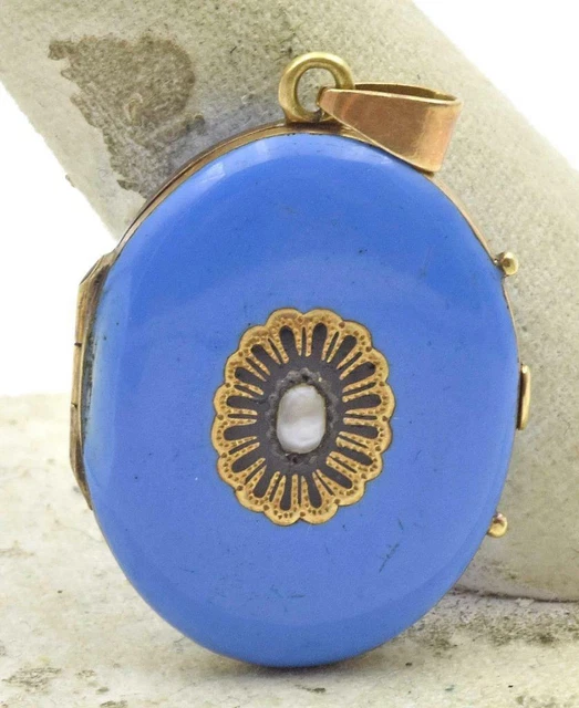 Antique solid gold Enamel Pearl Blue ladies Locket pendant circa 1890 Victorian