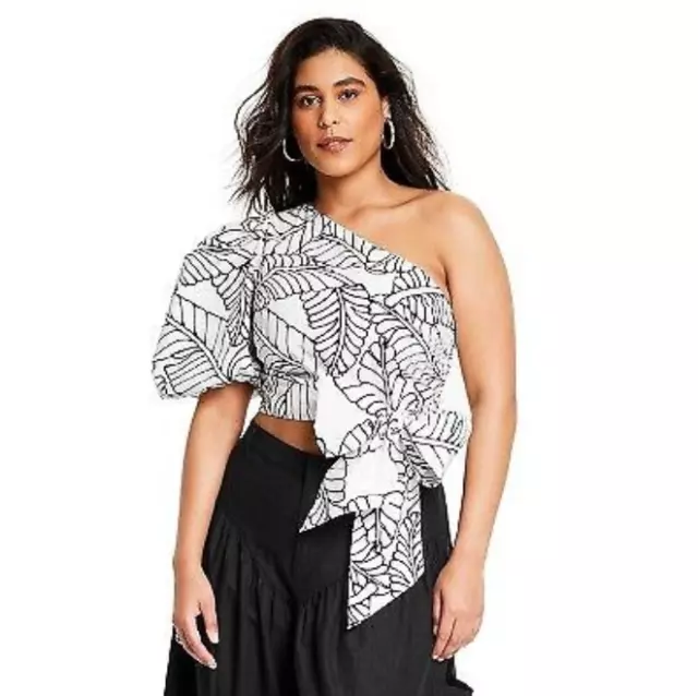 Women's Sketch Palm Leaf Print Wrap Tie One Shoulder Top  Fe Noel Black/White 12