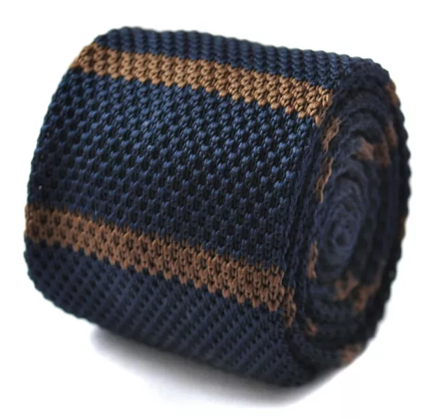 Frederick Thomas Knitted Silk mens tie - navy blue and brown striped