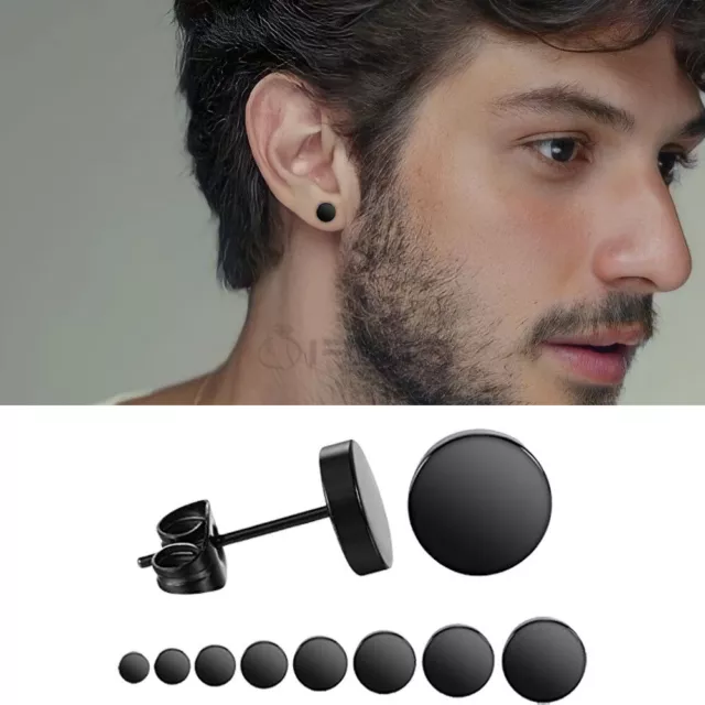 3-12MM Men Women Black Stud Earrings Round Surgical Stainless Steel Jewellery UK