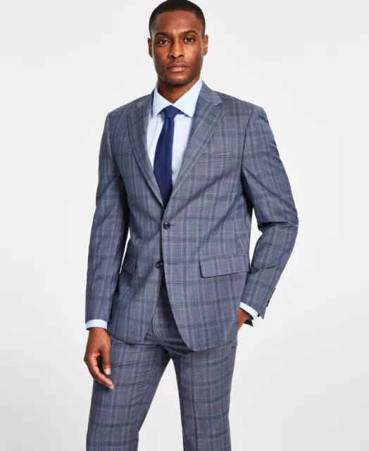 Calvin Klein Mens Slim Fit Wool Stretch Suit Jacket Grey Blue 44L