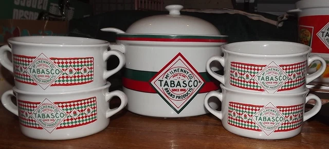 Tobasco Mc ILhenny Co. soup tureen with 4 soup bowls handled