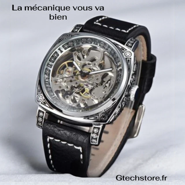 Montre Mécanique Automatique Homme Vintage - Boîtier Triangle Acier - Cadran Sans Chiffres - Bracelet Cuir