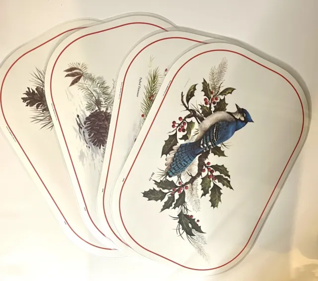 Vintage Set of 4 B of A Laminated Table Placemats Reversable Birds And Christmas