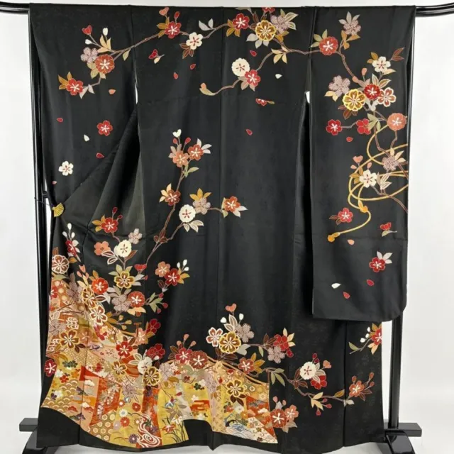 Woman Japanese Kimono Furisode Silk Cherry Blossom Manmaku Embroidery Ink Color