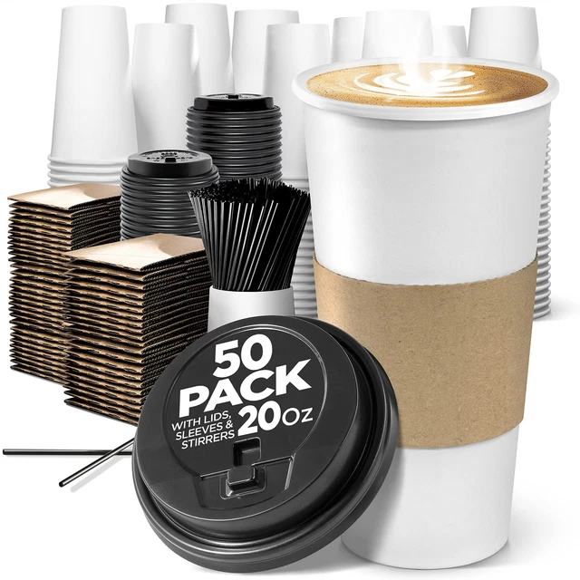 Disposable White Paper Hot Coffee Cups with Lids 20 oz (50 Pack)- To Go Coffee