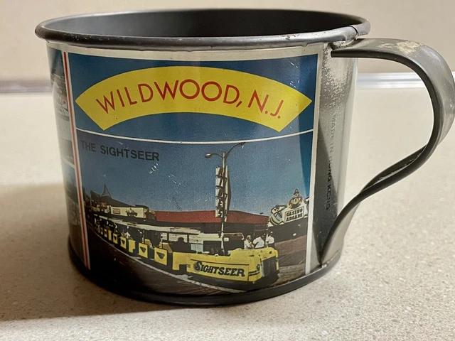 Vintage Wildwood NJ Boardwalk Scenes Monorail Hunt's Pier Bikes Souvenir Tin Mug
