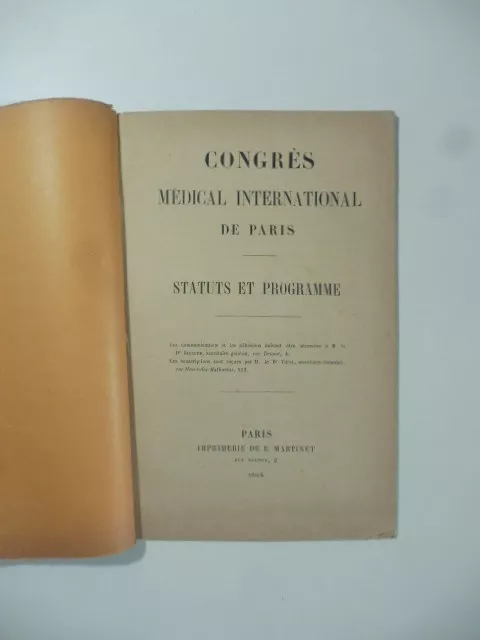 Congres medical international de Paris. Statuts et programme, 1866