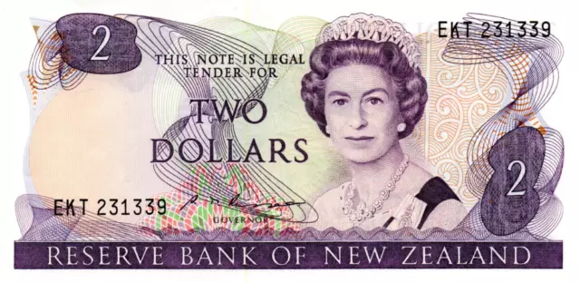 New Zealand $2 Dollars ND(1985) UNC Banknote P-170b Prefix EKT Russell Sig. QEII